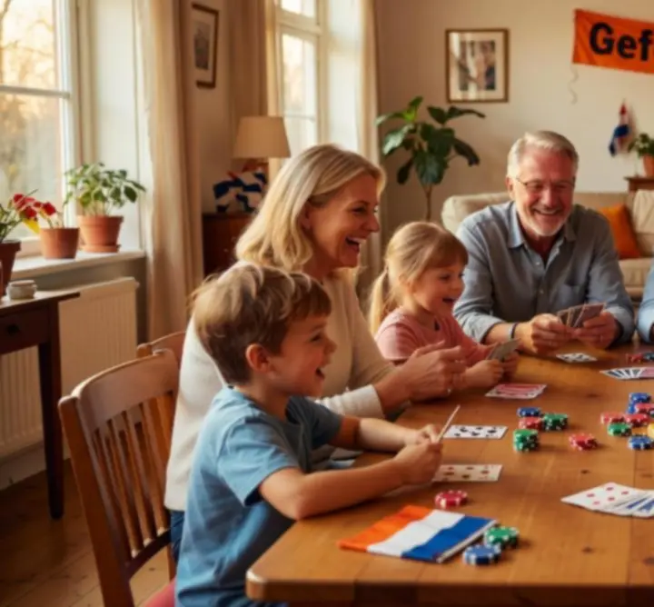 Familie en vrienden rond een pokertafel tijdens een viering