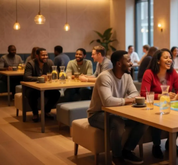 Groep mensen in een gezellige setting zonder alcohol of eten