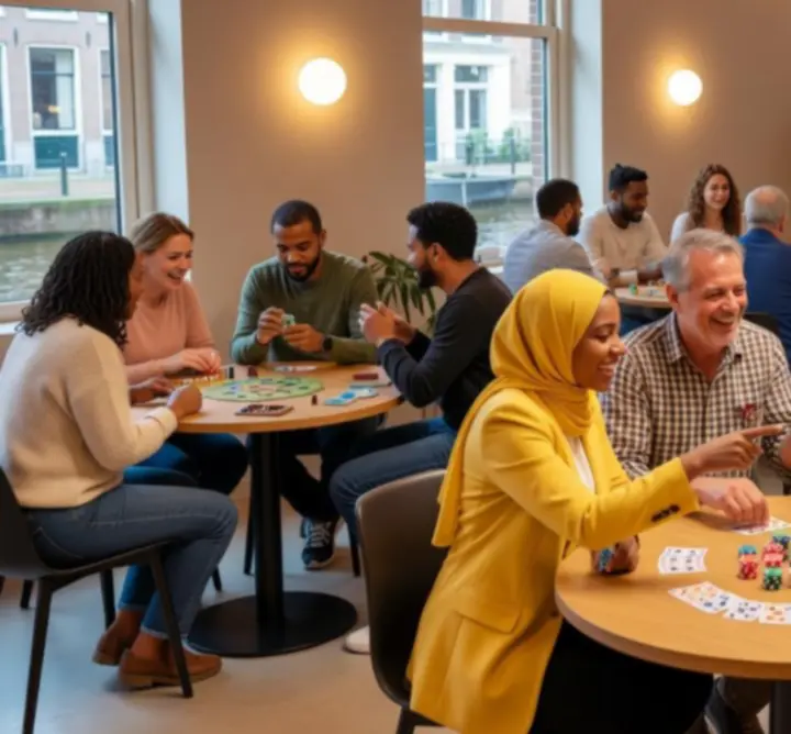 Groep deelnemers rond speeltafels tijdens een georganiseerd event van Coast Lounge Zone