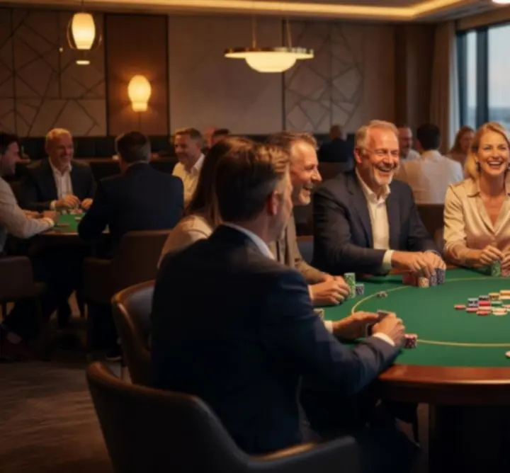 Groep mensen aan een pokertafel tijdens een georganiseerd event