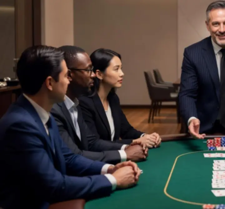 Pokerhost begeleidt een groep spelers aan tafel