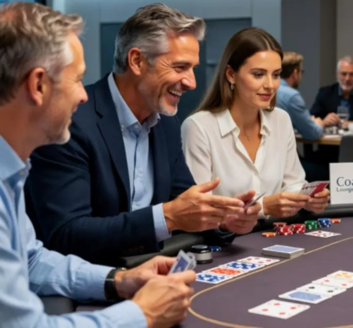 Deelnemers rond een pokertafel tijdens een sociaal event