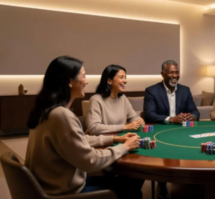 Gezellige groep rond een pokertafel tijdens een sociaal evenement