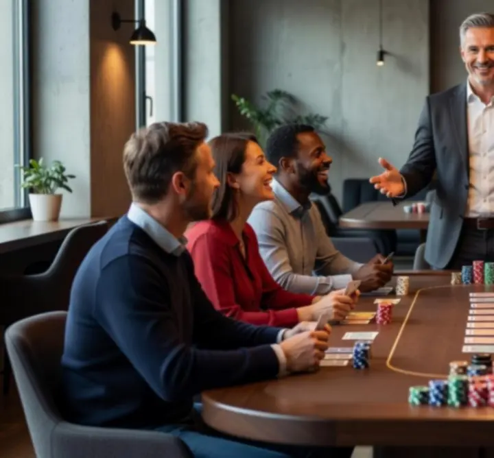 Professionele pokerhost begeleidt een offline pokertafel tijdens een evenement