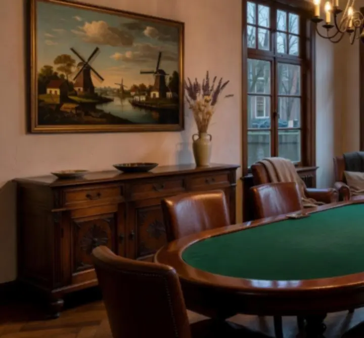 Sfeervol ingerichte evenementenruimte met pokertafels en moderne verlichting