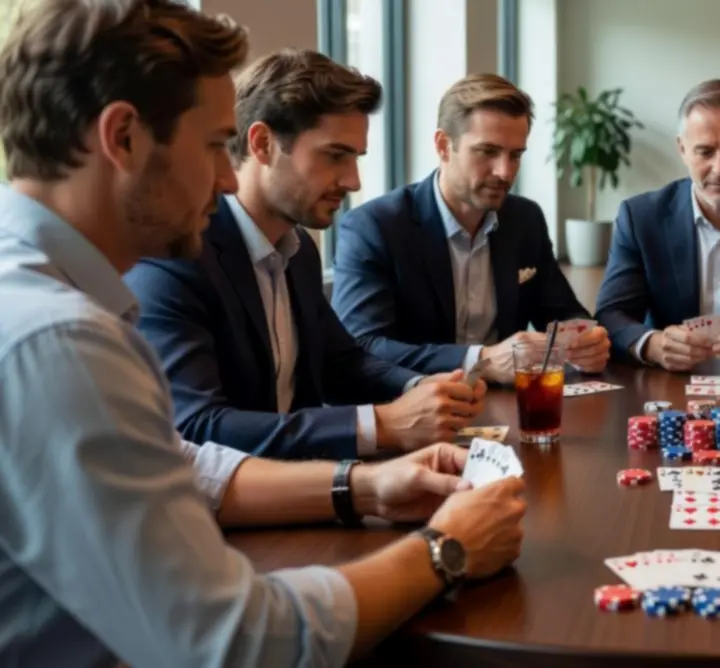 Vrolijke groep rond een pokertafel in een ontspannen setting