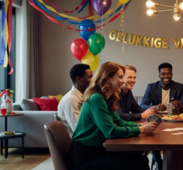 Sfeervol verjaardagsevenement met mensen rond speeltafels